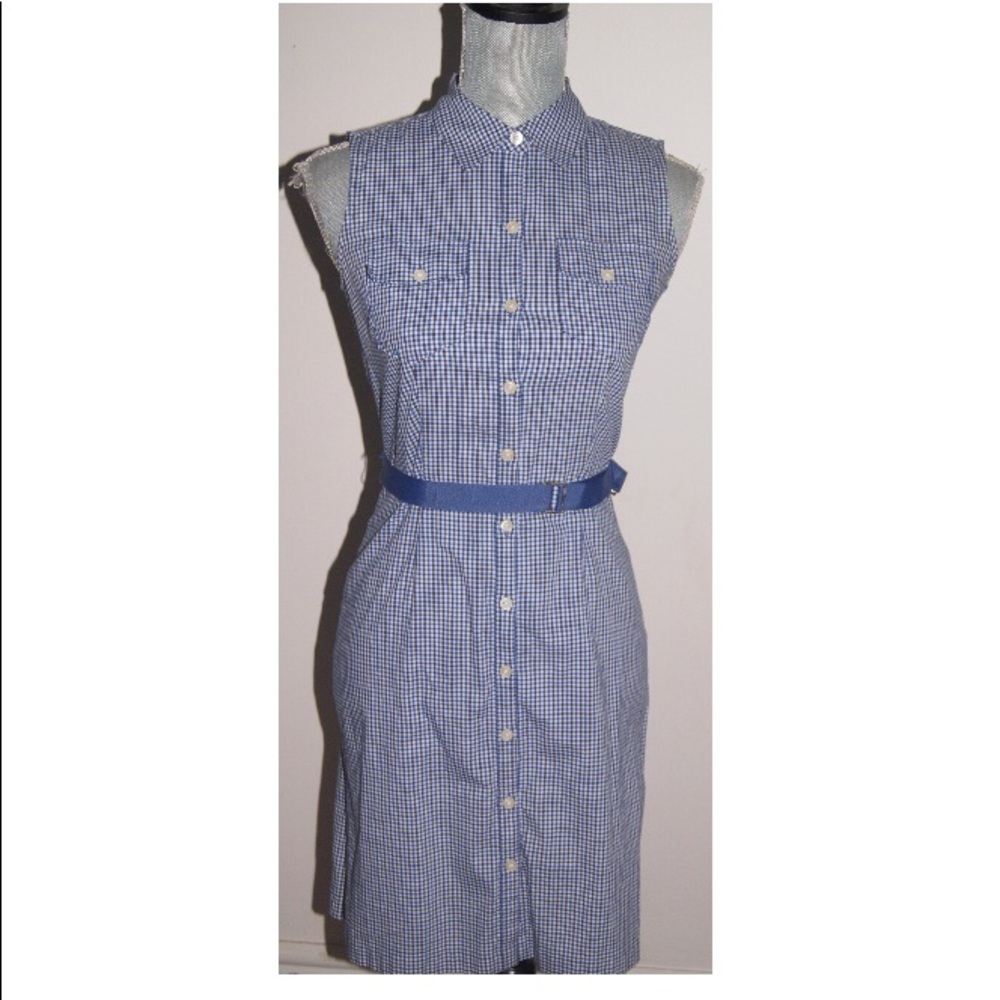 A blue and white plaid vintage sheath dress complete with a dark blue belt!